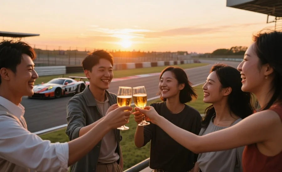 几位朋友在赛车场边举杯庆祝，背景是夕阳下的赛车和赛道，气氛温馨愉快