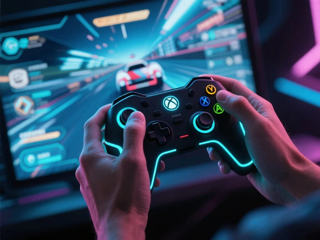 玩家手握游戏手柄，屏幕显示赛车游戏界面